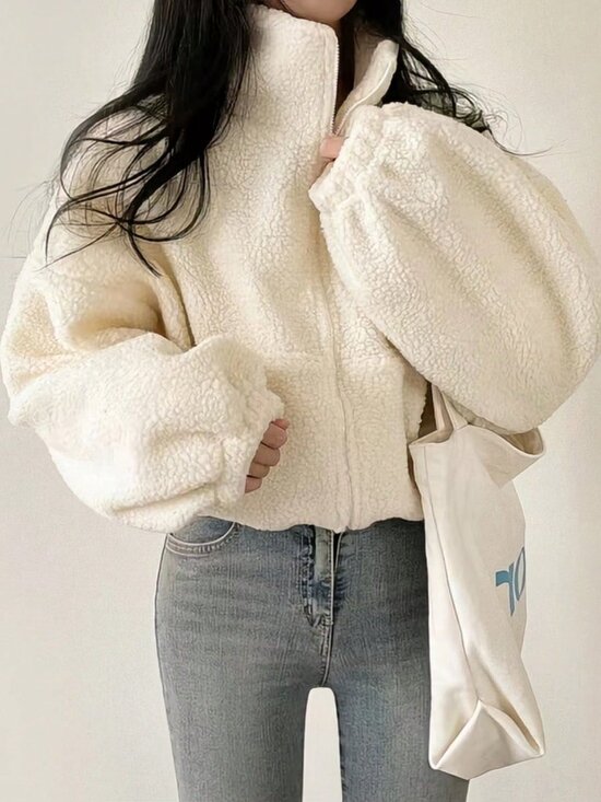 Jackets & Blazers - Apricot Casual Women's Elegant Zip-Up Short Teddy Coat